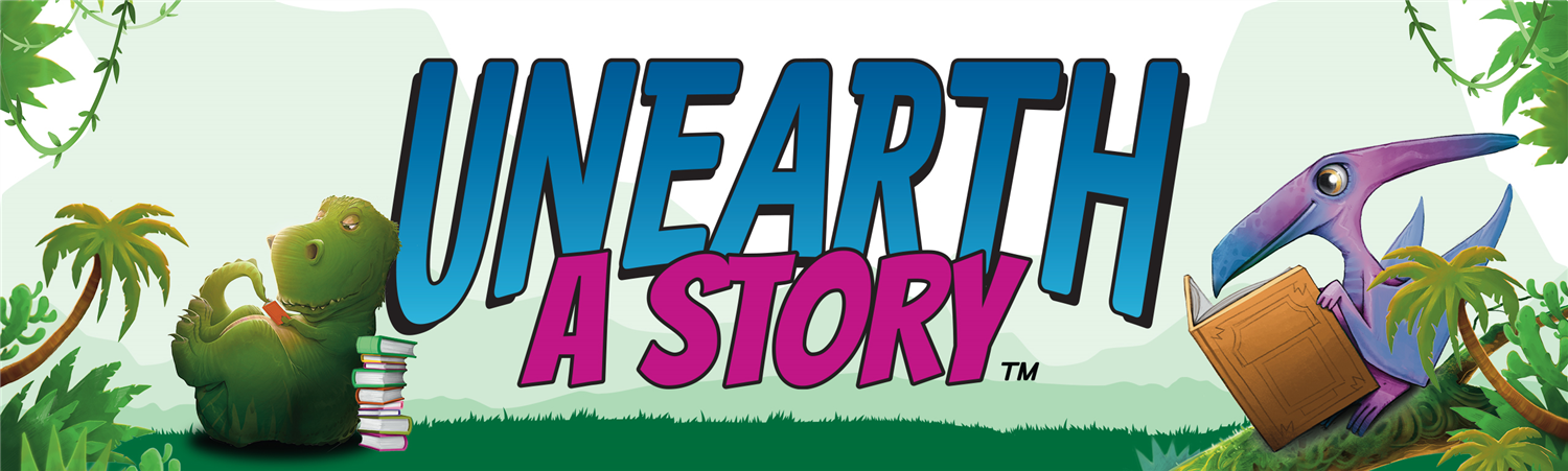 Text that reads Unearth a Story tm, with a jungle background and a t-rex and pterosaur reading books